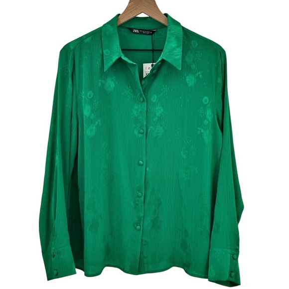 NEW Zara Floral Jacquard Long Sleeve Button Down Shirt Solid Green Blouse | XL - Picture 1 of 7